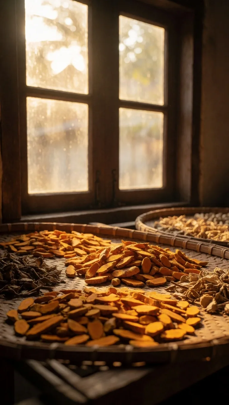 Dried turmeric roots on dark zinc surface