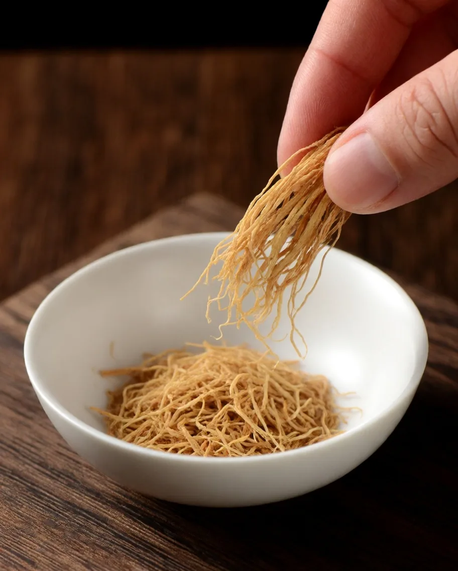 Hand pinching dried herbal material over a dish