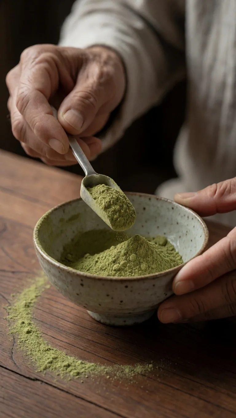Hands measuring botanical powder into a dish