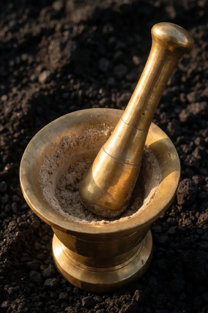 Mortar and pestle with ground botanical material