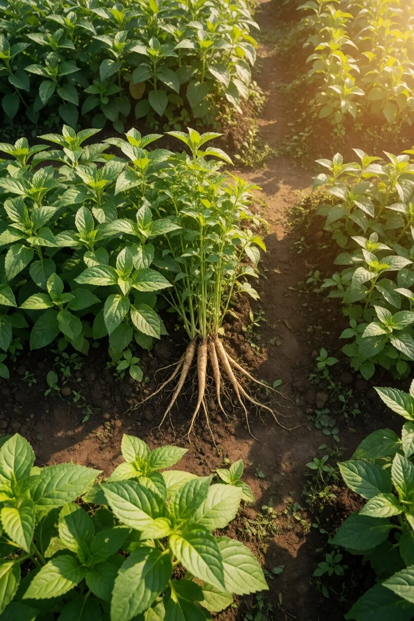 Overhead view of a botanical garden bed at golden hour