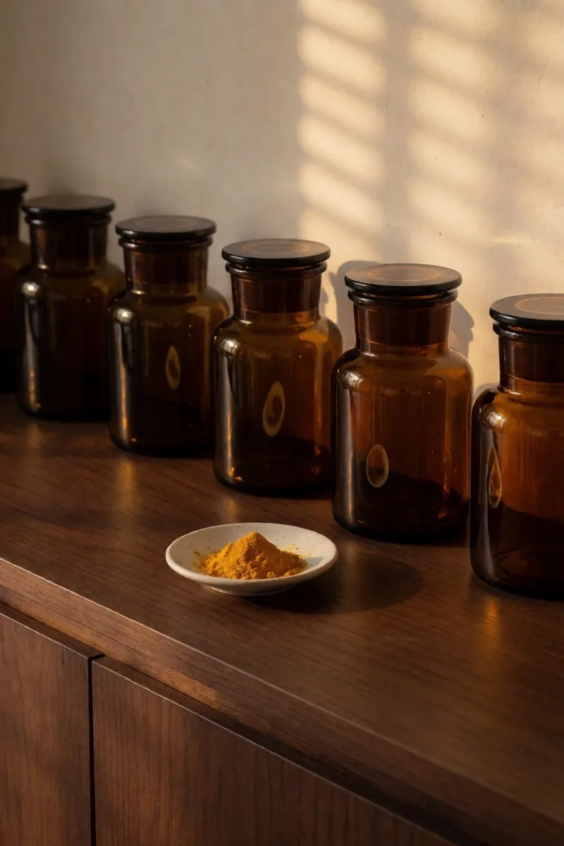 Botanical preparation surface with amber jars
