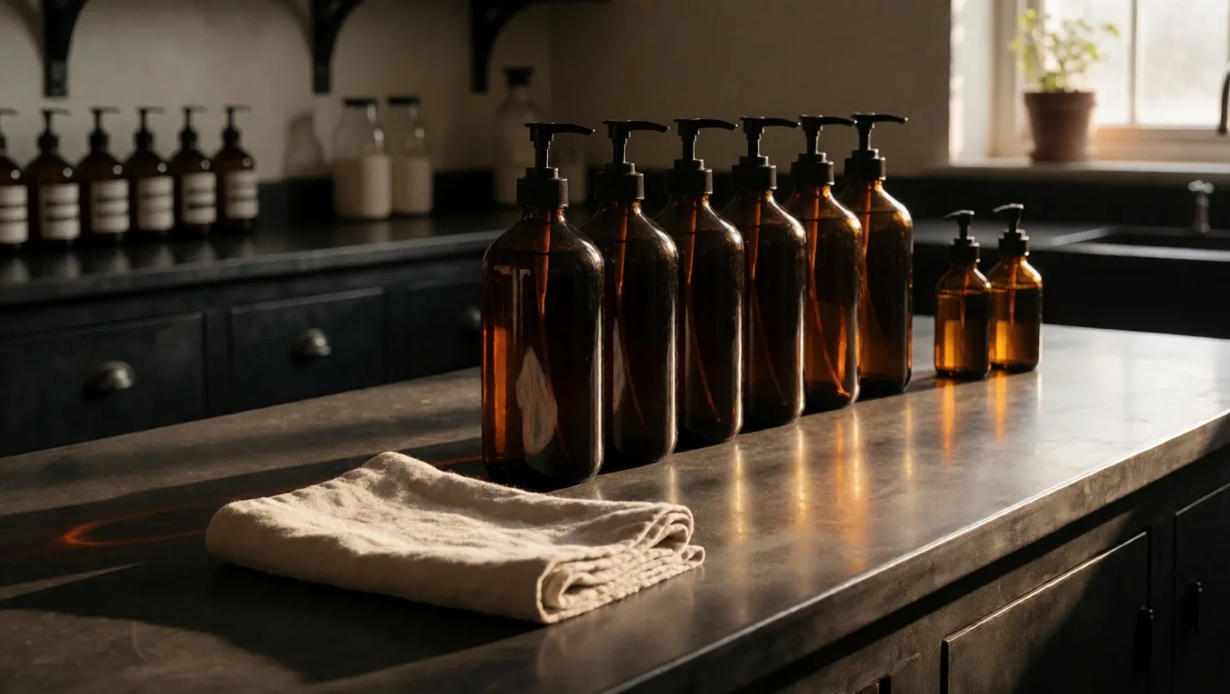 Botanical preparation surface with amber bottles under warm light