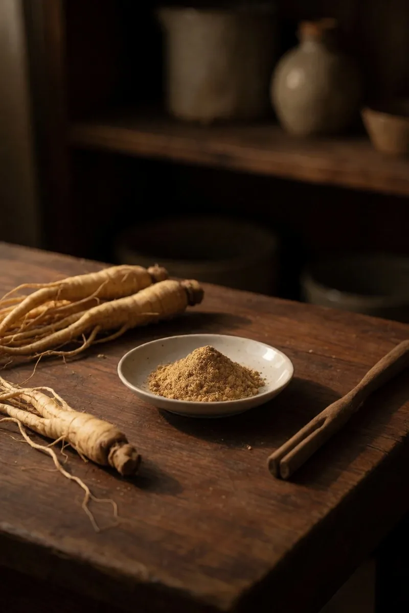 Botanical preparation surface with amber jars and ground root material