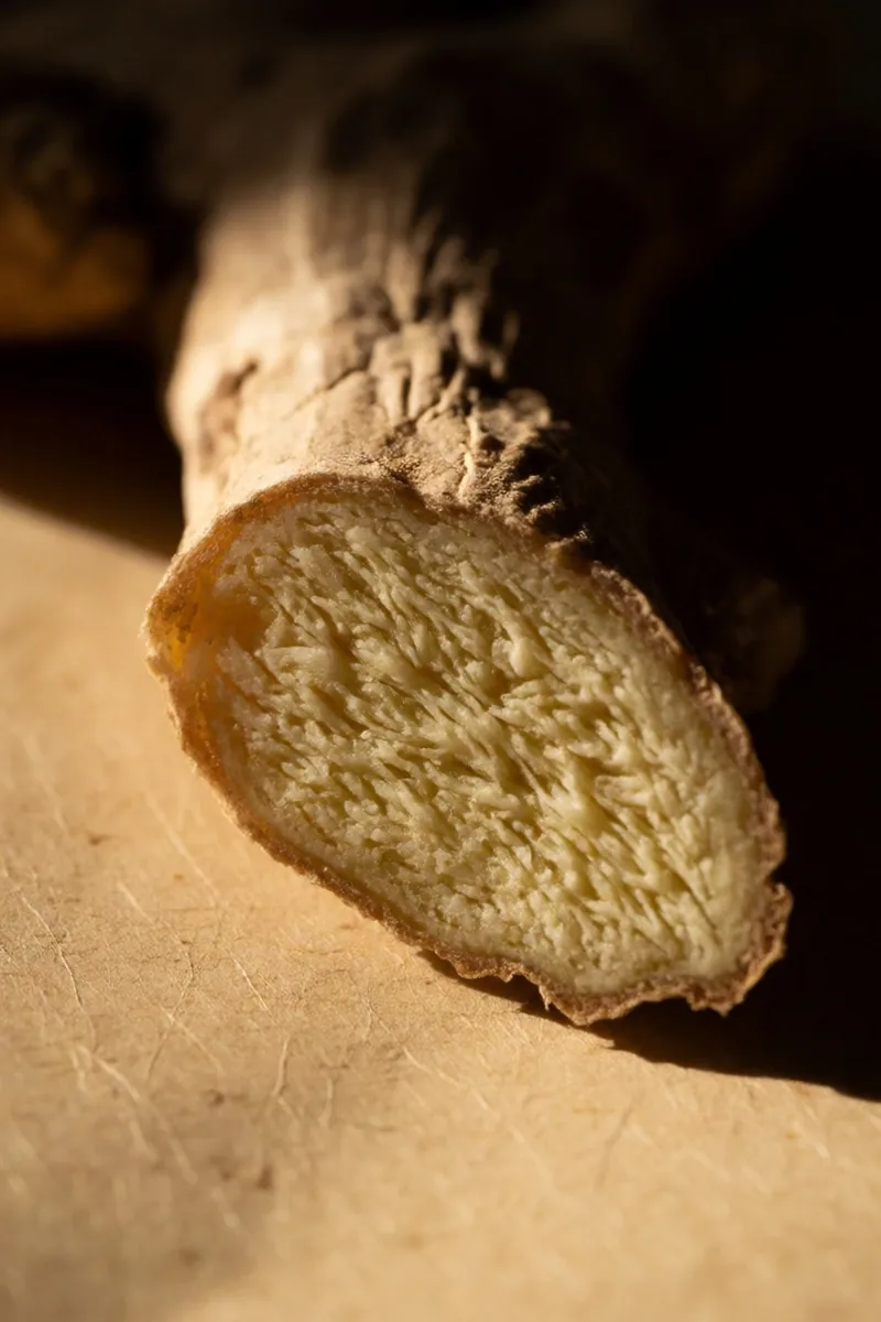 Cross-section of a dried ginger root on manila card