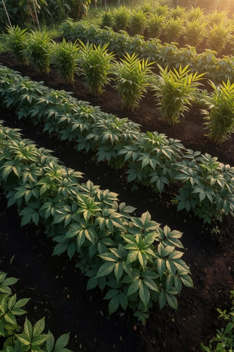 Overhead view of a botanical garden bed at golden hour