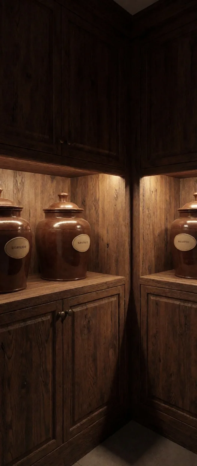 Amber glass jars of dried botanicals on shelving