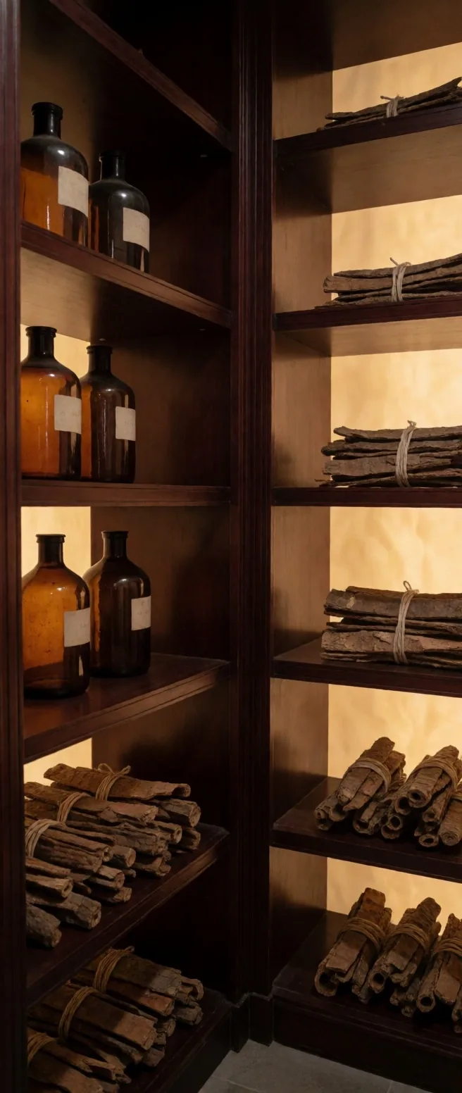 Amber glass jars of dried botanicals on shelving