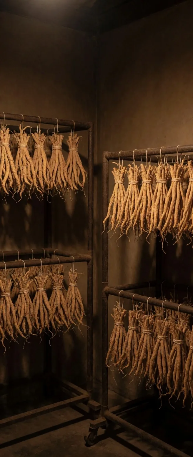 Dried ginseng roots on dark zinc shelving