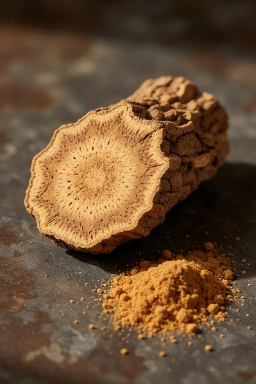 Dried root cross-section and ground powder on dark surface