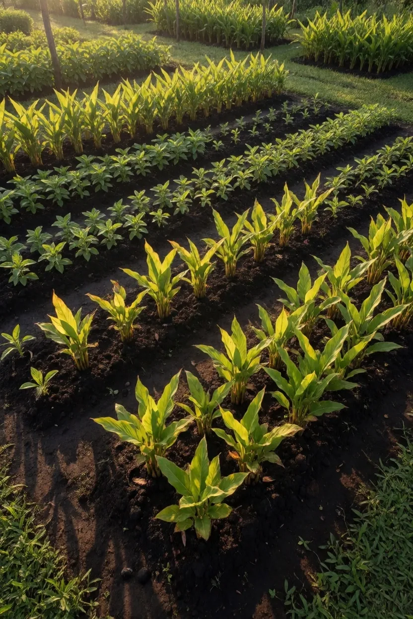 Overhead garden bed of medicinal herbs at golden hour